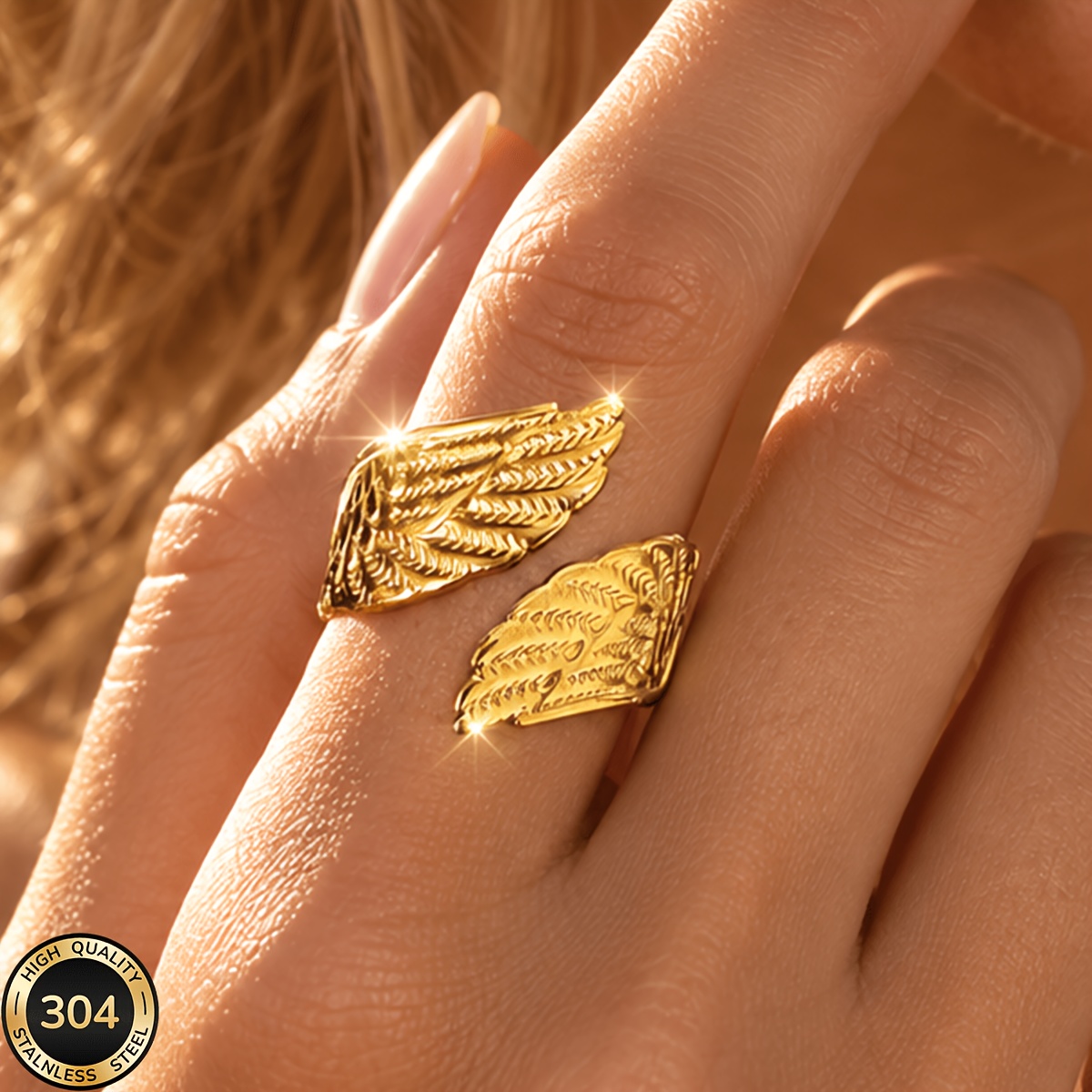 Women's 18K Golden Plated Stainless Steel Wing Open Ring